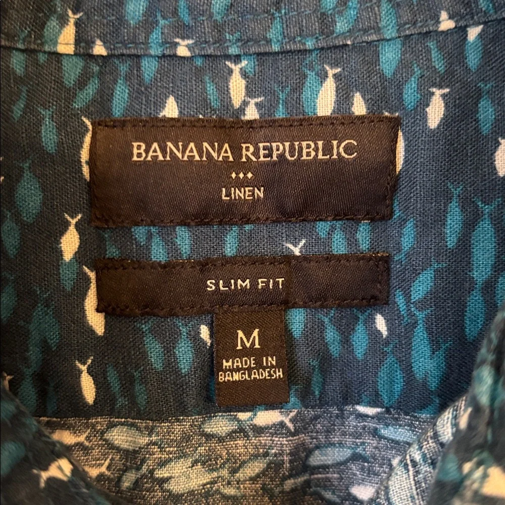 Banana Republic Linen Blend Fish Print Button Down Shirt Blue Men’s Size Medium
